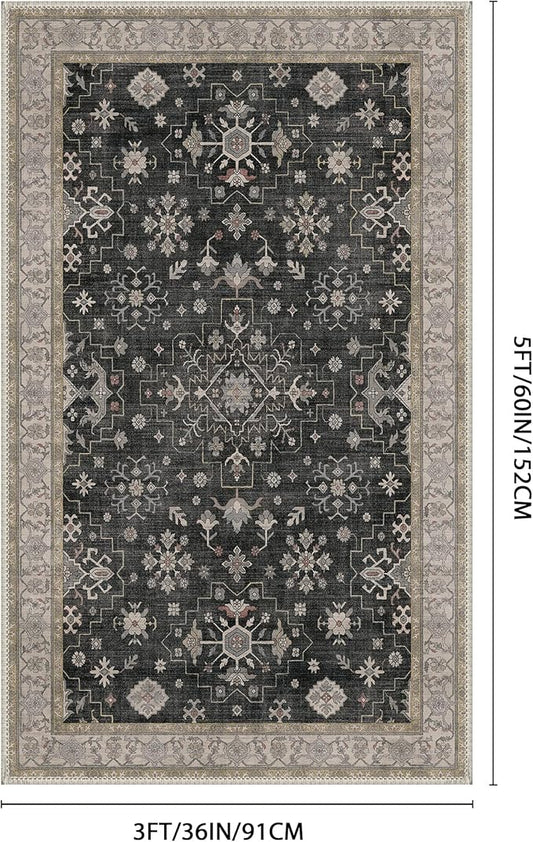 GENIMO 3x5 Area Rugs for Living Room,Machine Washable Non-Slip Vintage Rug, Low Pile Lightweight Carpet for Bedroom, Dining Room, Home Office, Stain & Fade Resistant,Black