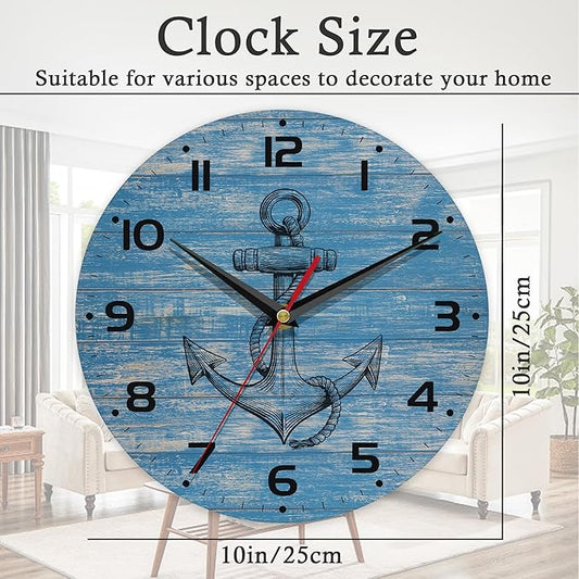 Wall Clock, 10 Inch Silent Non-Ticking Home Kitchen Decor, Battery Operated for Bathroom Bedroom Living Room Office(Vintage Blue Nautical Anchor)