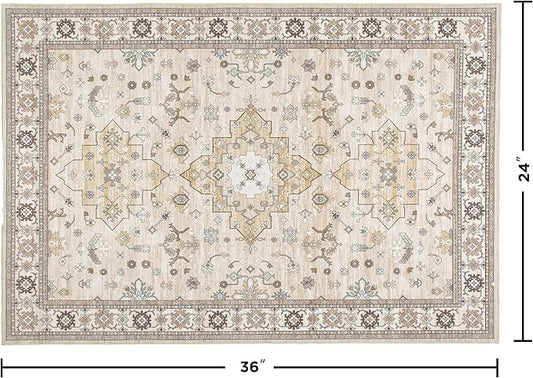 2x3 Entryway Rug, Beige Small Boho Washable Rug, Soft Modern Non-Slip Area Rug, Low Pile Carpet for Entryway Kitchen Bathroom Front Doormat Indoor Entrance Throw Rugs, Beige/Gold