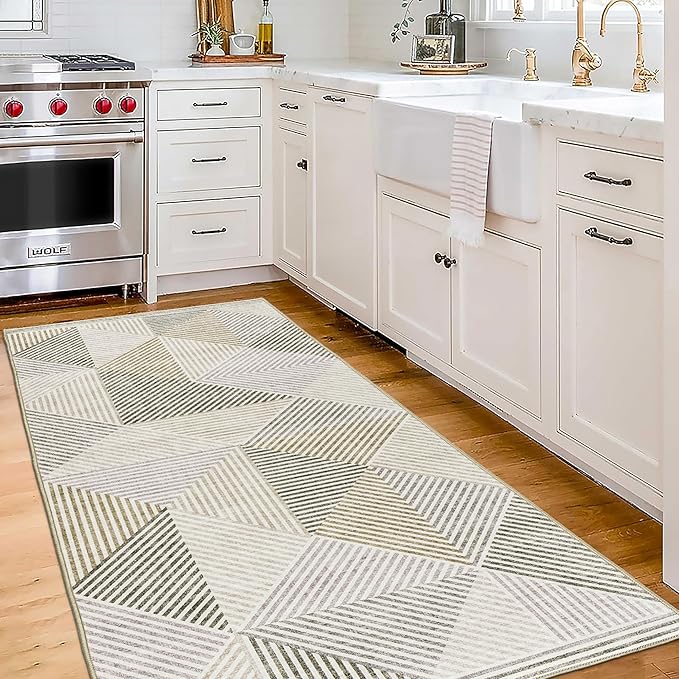 ReaLife Rugs Machine Washable Area Rug Runner - Living Room Bedroom Bathroom Kitchen Entryway Office - Padded Low Pile Stain Resistant Premium - Modern Geometric Contemporary - Miles - Beige 2'6"x6'