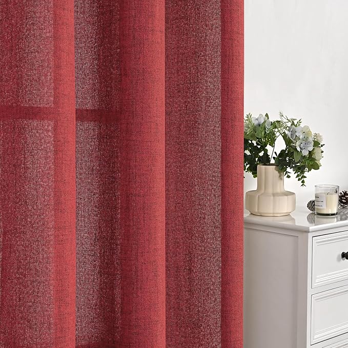 YoungsTex Burgundy Red Linen Curtains 80 Inch Length for Living Room, Light Filtering Semi Sheer Drapes with Back Tab Rod Pocket for Christmas Bedroom Dining Room, 2 Panels, 52 X 80 Inch