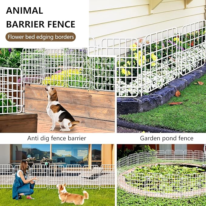 13ft x 17in Garden Fence Animal Barrier, 12 Panels No Dig Fence Border, Rustproof Metal Decorative Garden Fencing with Ground Stake, Flower Bed Edging Border for Dog, Rabbit, Outdoor Patio, White