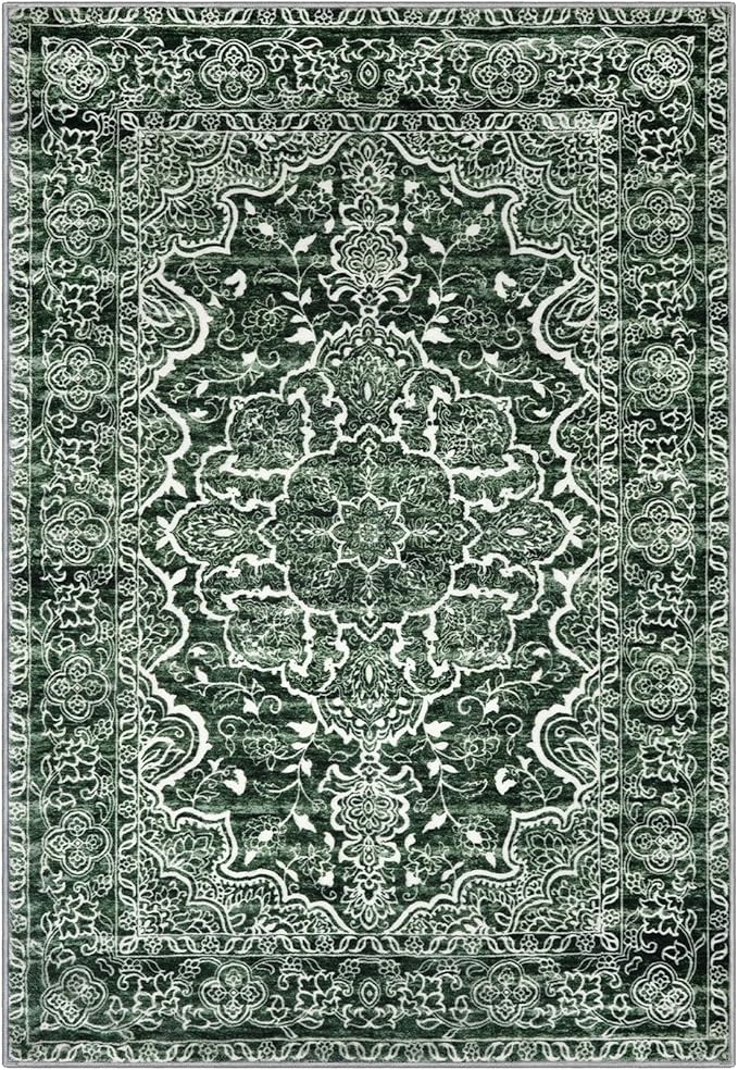 KUTA 3x5 Vintage Area Rug, Floral Kitchen Rugs Dark Green Washable Non-Slip, Ultra Soft Printed Distressed Medallion Entry Carpet Low-Pile Throw for Entrance Bedroom Living Room