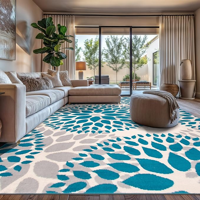 Rugshop Modern Floral Circles Design for Living Room,Bedroom,Home Office,Kitchen Non Shedding Area Rug 9' x 12' Blue