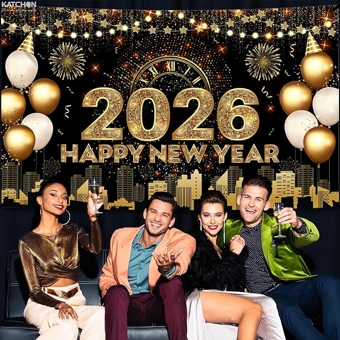 Katchon, Xtralarge Happy New Year Banner - 72x44 Inch | Gold Happy New Year 2026 Banner for New Years Decorations 2026 | NYE Backdrop for New Years Eve Party Supplies 2026 | NYE Decorations 2026