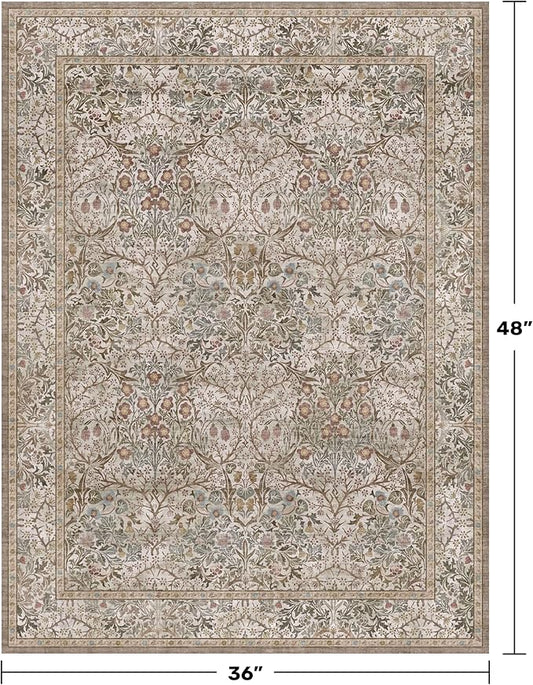 Vintage Moss Green Entryway Rug, 3x4 Washable Area Rugs for Kitchen, Bathroom, Bedroom, Oriental Low Pile Stain Resistant Non-Slip Small Throw Rug