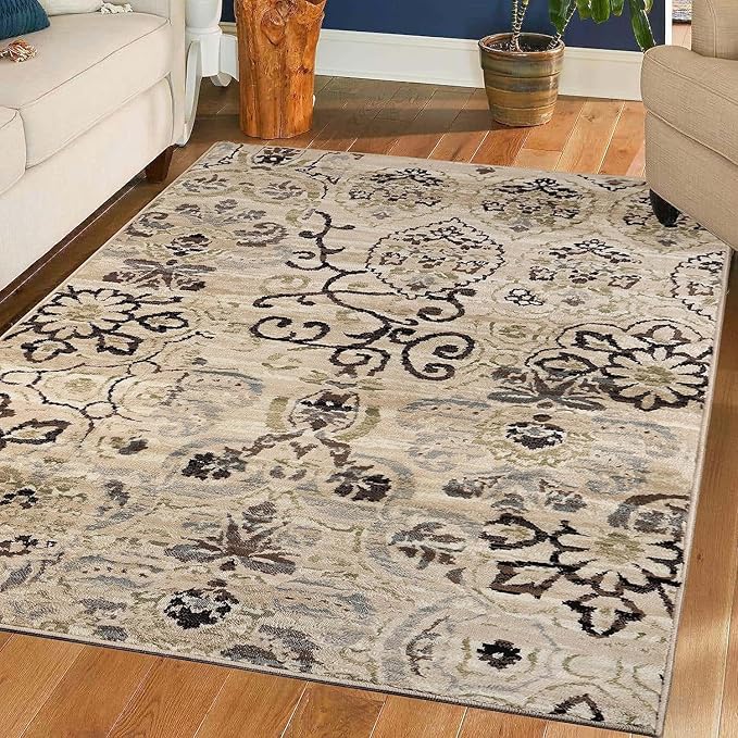 Superior Indoor Area Rug, Jute Backed, Perfect for Entryway, Office, Living/Dining Room, Bedroom, Kitchen, Hardwood Floor, Modern Floral Decor, Caldwell Collection, 6' x 9', Brown Beige
