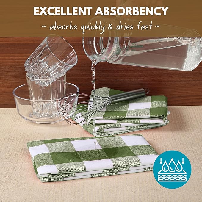 Native Fab Buffalo Check Kitchen Dish Towels, 16"x26", 4 Pack - 100% Cotton Plaid Washcloths - Absorbent Dish Cloths Set, Cleaning Hand Towels with Hanging Loop - Mint Green White