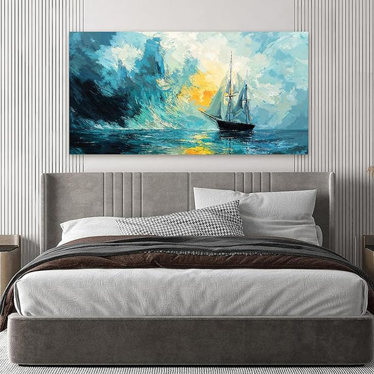 Canvas Wall Art Decor Abstract Canvas Art Wall Decor Abstract Coastal Wall Art Prints Modern Blue Green Wall Art Decorations Artwork for Walls Foggy Boat Bedroom Office Kitchen Wall Decor 20" X 40"