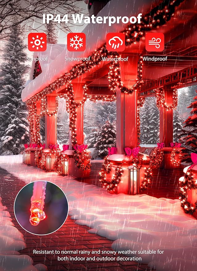 Minetom Christmas Lights Outdoor Cluster Lights - 200 LED 10 Ft Christmas Firecrackers String Lights, 12 Modes Timer Waterproof Connetable Plug in Twinkle Fairy Lights for Xmas Tree Party, Red