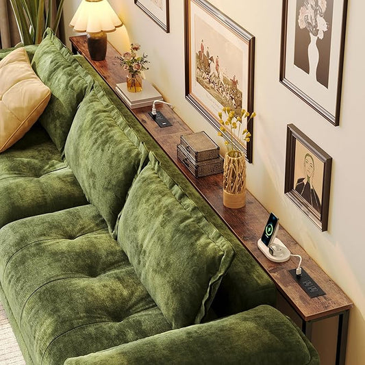 Huuger 110.2 Inch Sofa Table with Power Outlets, 23.9’’-34.4’’ Height Adjustable Range, Behind Couch Table with USB-C Ports, Sofa Tables Narrow Long, Skinny Console Table, Small Spaces, Rustic Brown