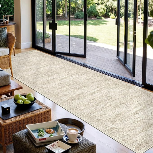 Washable Runner Rug 2.5x12, Non-Slip Long Bathroom Rugs Runner for Kitchen, Living Room, Bedroom, Soft Vintage Washable Rug for Entryway, Thin Floor Mat for Dining Room(2.5'x12', Beige/Ivory)