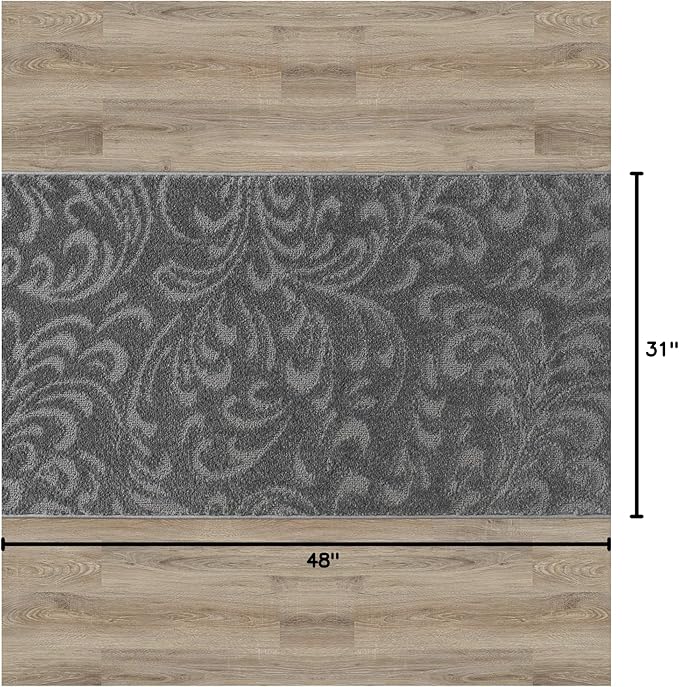 4 Ft Non-Slip Dark Grey Anthracite Doormat - 2'7" X 4' Washable Carpet - Rubber Backed, Charcoal Custom Size Floor Mat for Stairs Bedroom Bathroom Entryway - Floral Pattern