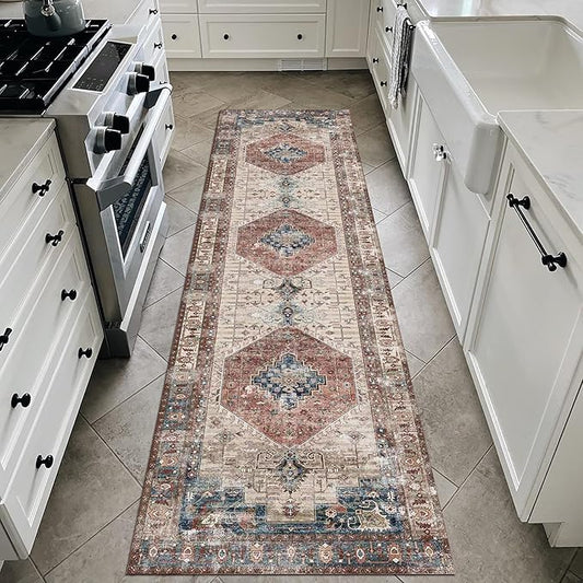 vivorug Runner Rug 2x10 Machine Washable Rug with Non-Slip Backing, Ideal for Kitchen Hallway Entryway Laundry Room - Vintage, Durable, Easy Clean, Low Pile Carpet Runner, Brown