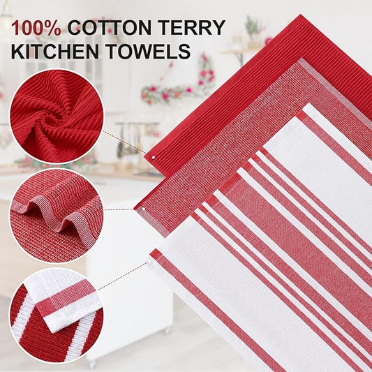 Homaxy Premium Kitchen Towels(18”x 28”, 9 Pack), Large Cotton 380 GSM Kitchen Hand Towels, Soft and Absorbent Terry Dish Towels, Multipurpose Tea Towel Set with Hanging Loop, Red