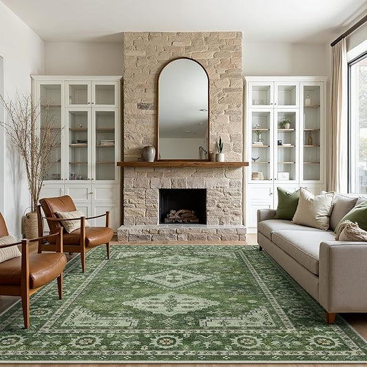 GENIMO Washable Rug 8X10 Area Rugs for Living Room Bedroom, Machine Washable Area Rug, Print Vintage Tribal Aesthetic Carpet, Low Pile Mat with Non Slip Rubber Backing, Distressed Green