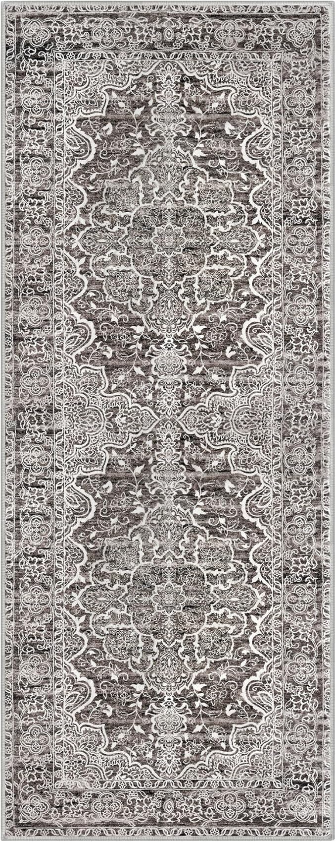 KUTA Vintage Washable Runner Rug, 2.6x8 Runners for Hallways Non-Slip Tan Grey Kitchen Rugs Ultra Soft Printed Tribal Floor Carpet for Bedroom Living Room Nursery Playroom