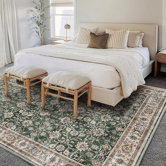 Washable Area Rug 4'x6' Vintage Traditional Floor Cover Foldable Thin Rugs Retro Kitchen Indoor Distressed Non Slip Carpet Floral Print Mat Bedroom Living Room