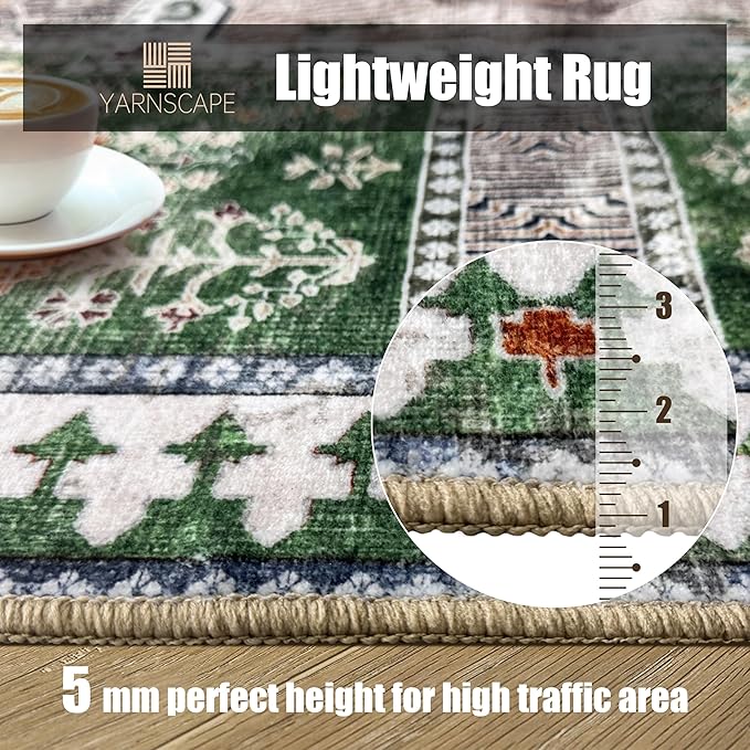 Vintage 3' x 5 ' Washable Area Rug - Stylish Indoor Rug for Living, Dining or Bedroom - Lightweight Carpet with Non-Slip Backing - Foldable for Easy Placement and Maintenance - Green