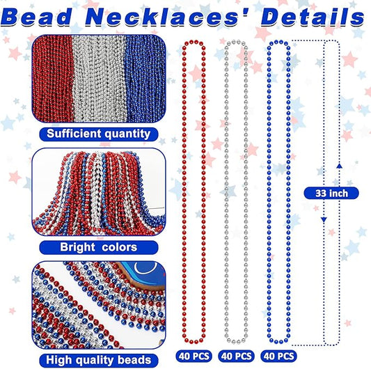 120 PCS 4th of July Necklace, 33" Red Silver Blue Metallic Beaded Necklaces, Independence Day Party Accessories Patriotic Bead Necklace for Memorial Day Fourth of July Parades Party Supplies