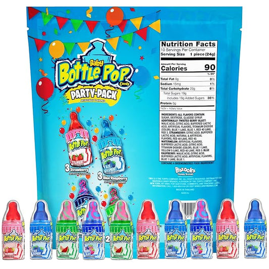 Baby Bottle Pop Candy Lollipops Variety Pack - 10 Ct Bulk Lollipops with Dipping Powder, Full Size, Fun Hard Candy For Birthday Parties, Valentine's Gifts, Goodie Bags, Party Favors