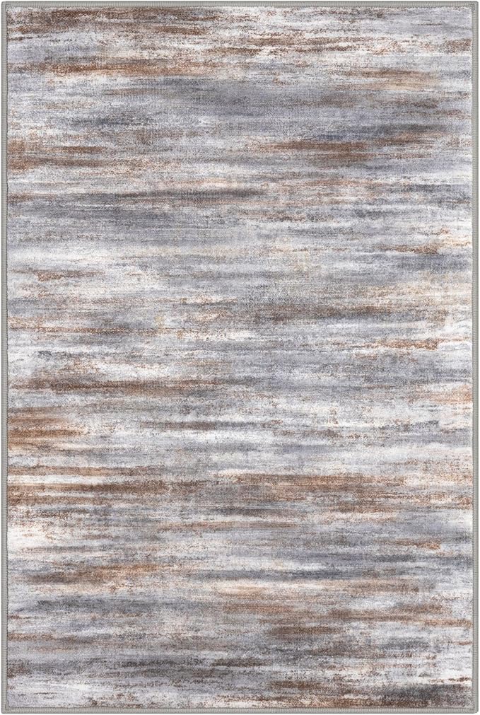 KOZYFLY Modern Abstract 3x5 Area Rug Washable Bedroom Rug Grey Brown, Throw Entry Mat Non-Slip Stain Resistant Carpet Dining Room Rug with Soft Low Pile for Living Room Kitchen Bath Office
