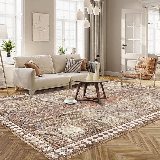 Vintage 8' x 10' Washable Area Rug - Stylish Indoor Rug for Living, Dining or Bedroom - Lightweight Carpet with Non-Slip Backing - Foldable for Easy Placement and Maintenance - Ivory