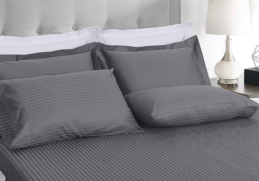 Threadmill 100% Cotton Sheets for Cal King Size Bed - 600 Thread Count Cal King Bed Sheets Set with 16” Deep Pocket - Damask Stripe Sateen Weave 4-Piece Bedding Set with Cooling Effect, Dark Grey
