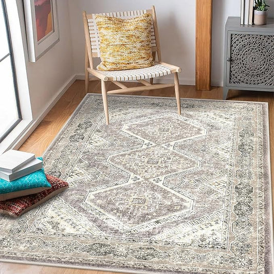 KUTA Area Rug 4x6 Living Room, Washable Rugs Oriental Distressed Tribal Ivory Grey Yellow Brown, Non-Slip Dining Room Carpet, Soft Low Pile Cozy Printed Medallion Throw for Bedroom Kitchen