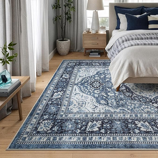 Bloom Rugs Caria Washable Non-Slip 8x10 Rug - Blue Traditional Area Rug for Living Room, Bedroom, Dining Room, and Kitchen - Exact Size: 7'8" x 10'