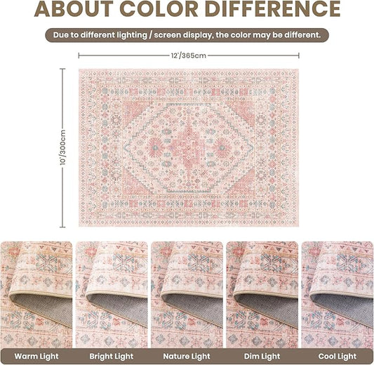 zesthome 10x12 Area Rugs for Girls Bedroom, Low Pile Machine Washable Rugs, Vintage Large Pink Rugs, Stain Resistant Nursery Room Rug, Baby Crawling Rug (Pink/Blue,10'x12')
