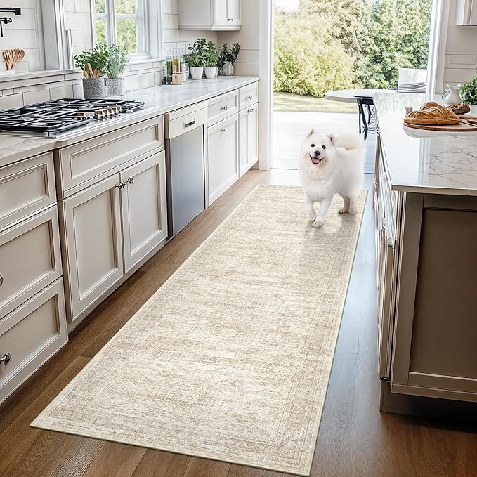 3x14 Washable Runner Rug for Hallway, Non-Slip Long Hallway Runner for Entryway, Soft Vintage Kitchen Mats for Floor, Abstract Dining Room, Bedroom, Living Room Rugs(3'x14', Beige/Ivory)