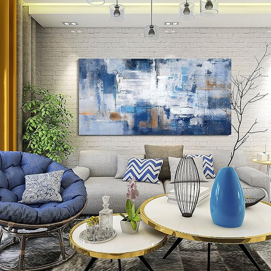 KLAKLA Navy Blue Wall Art - Modern Abstract Canvas Blue and White Picture Artwork for Living Room Wall Decor Bedroom Office Home Decoration