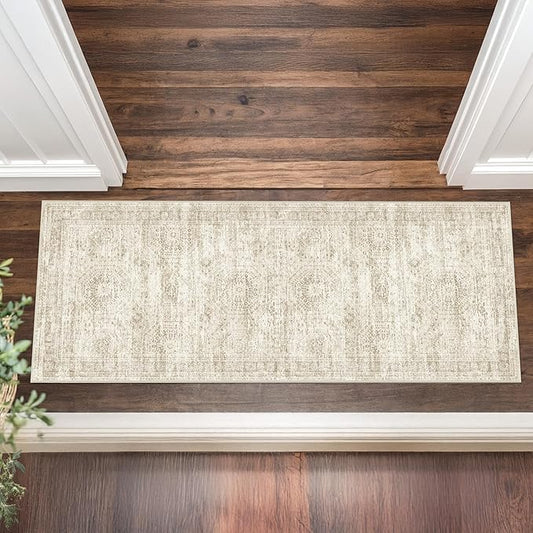 2x5 Rug Runner Washable for Entryway, Soft Bathroom Rugs with Non-Slip Backing, Abstract Low Pile Hallway Runner, Vintage Small Kitchen Carpet for Stair, Laundry Room(2'x5', Beige/Ivory)