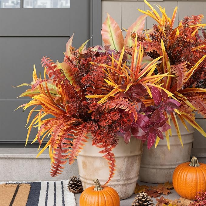 Artificial Fall Plant Large Bunches Greenery Plants Fake Plastic Leaves with Stems UV Resistant Outside Faux Plants Bushes for Autumn Outdoor Patio Garden Front Porch Yard Decor (Fall Color)