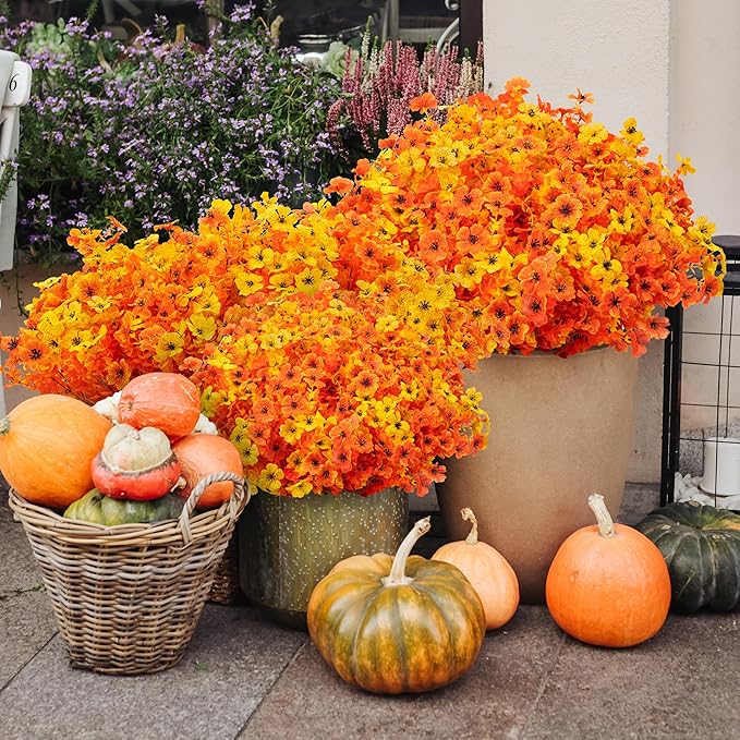 16 Bundles Artificial Mums for Outdoors/Indoors Faux Mums for Outdoor Planters, Eucalyptus Leaves Fall Flowers Artificial for Decoration Boxwood Garden Porch Window Home Wedding (Yellow&Red Orange)