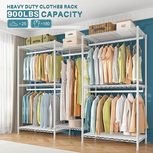 Raybee Clothing Rack for Hanging Clothes,Heavy Duty Clothes Rack with Shelves,Portable Closet,Adjustable,Metal,Max Load 900lbs,White