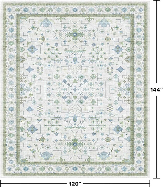 Washable Rugs for Living Room 10x12 - Cream Blue and Green Oriental Floral Geometric, Low Pile Non Slip Extra Large Area Rug for Dining Under Table, Bedroom, Lounge