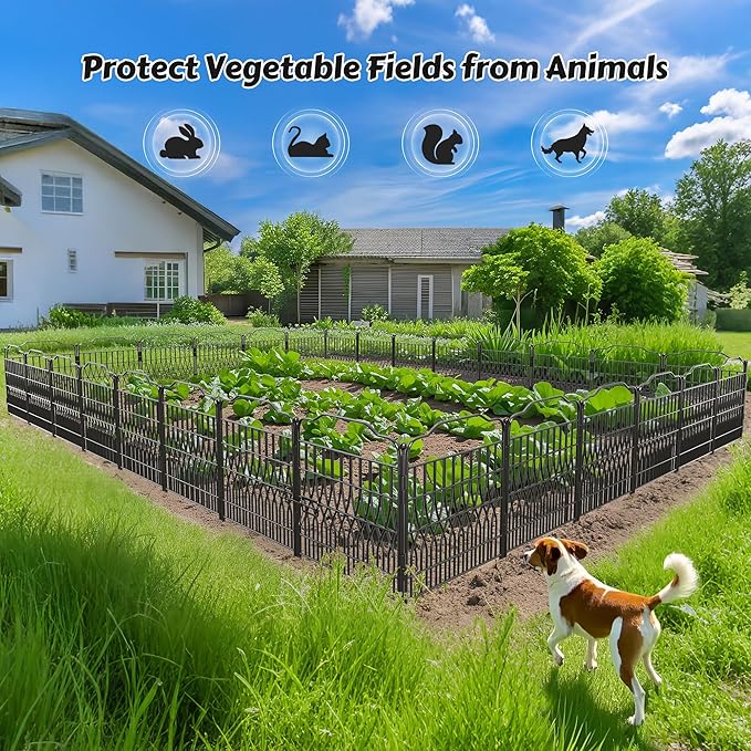 Bepatio 10 Panels Garden Fence Border with Latch, 24in (H) x 20ft (L) Dog Fence Outdoor for Yard, Arc Metal Fencing Panels, Durable Animal Barrier Fencing for Outdoor, Patio, Flower Bed