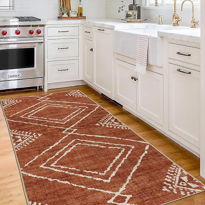 ReaLife Rugs Machine Washable Area Rug Runner - Living Room Bedroom Bathroom Kitchen Entryway Office - Padded Low Pile Stain Resistant Premium - Moroccan Diamond Tribal - Jax - Orange 2'6" x 8'