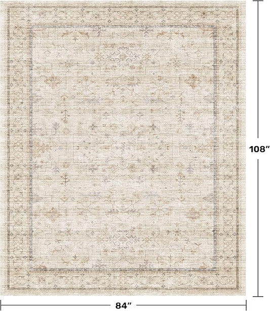 Beige Floral Washabel Area Rug for Living Room - 7x9 Non Slip Rugs for Dining Room Under Table, Bedroom Under Bed, Modern Farmhouse Décor Indoor, Low Pile Soft Geometric Carpet with Rubber Backing