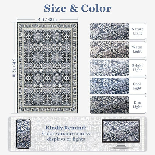 Blue 4x6 Washable Rug, Small Area Rugs for Entryway Kitchen Bathroom with Rubber Backing Non Slip, Floral Trellis Low Pile Thin Throw Carpet Rug for Foyer/Nursery/Home Office/Living Room