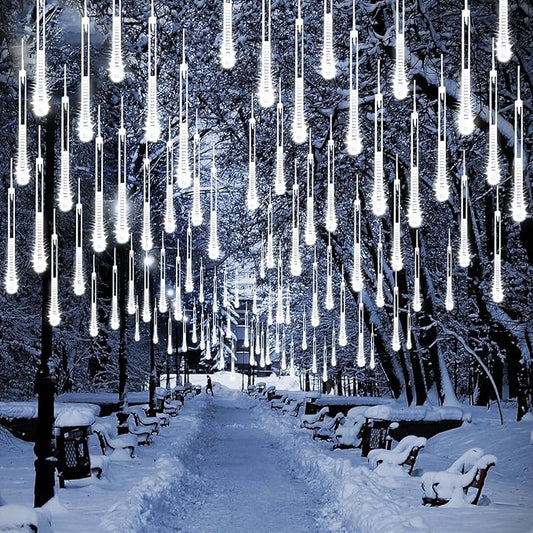 2 Pack Christmas Decorations Lights Outdoor, Extendable Meteor Shower Lights with Timer, Total 384LED 30cm 16 Tubes Indoor Outdoor Snow Cascading String Light for Xmas Garden Party Decor (Cool White)