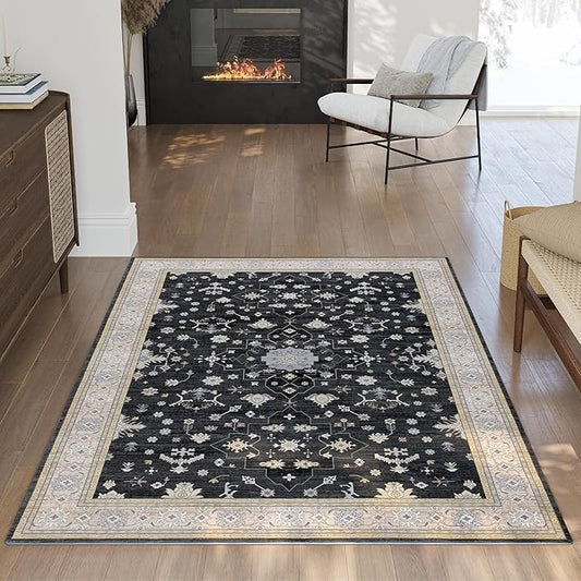 5x7 Washable Boho Rugs for Bedroom, Black Area Rug for Living Room, Soft Faux Wool Modern Carpet for Kids Playroom Dorm Nursery Dining Room Office Home Laundry, Non Slip Low Pile Mat, Black/Gold