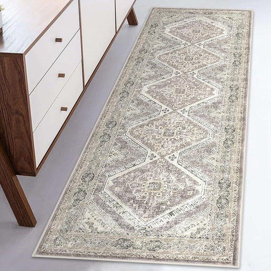 KUTA Oriental Washable Runner Rug, 2x5 Runners Non-Slip Vintage Ivory Grey Yellow Brown 5ft Hallway Kitchen Rugs Ultra Soft Printed Distressed Tribal Farmhouse Carpet for Bedroom Entryway Decor