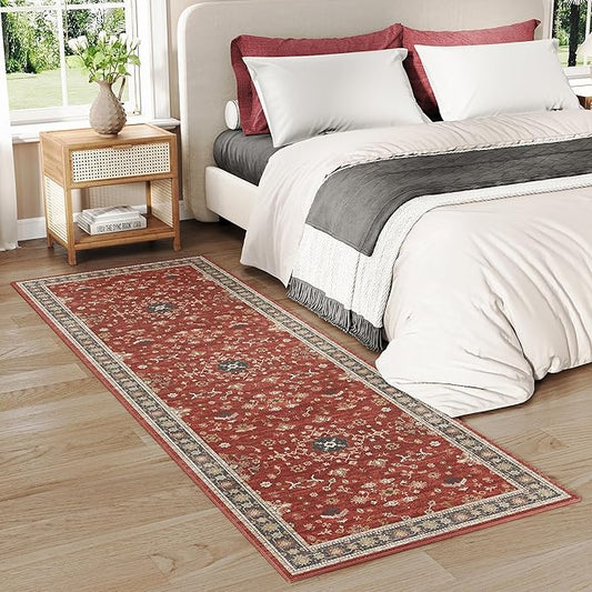 Washable 2x6 Runner Rugs for Kitchen Hallway,Red Boho Rug for Bedroom Bedside Laundry Room Bathroom Rug, Non Slip Low Pile Soft 24 x 72 Floor Modern Carpet, Red/Gold