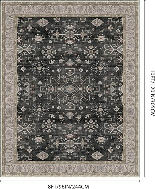 GENIMO 8x10 Area Rugs for Living Room,Machine Washable Non-Slip Vintage Rug, Low Pile Lightweight Carpet for Bedroom, Dining Room, Home Office, Stain & Fade Resistant,Black