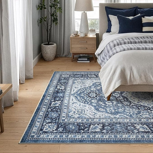 Bloom Rugs Caria Washable Non-Slip 5x7 Rug - Blue Traditional Area Rug for Living Room, Bedroom, Dining Room, and Kitchen - Exact Size: 5' x 7'