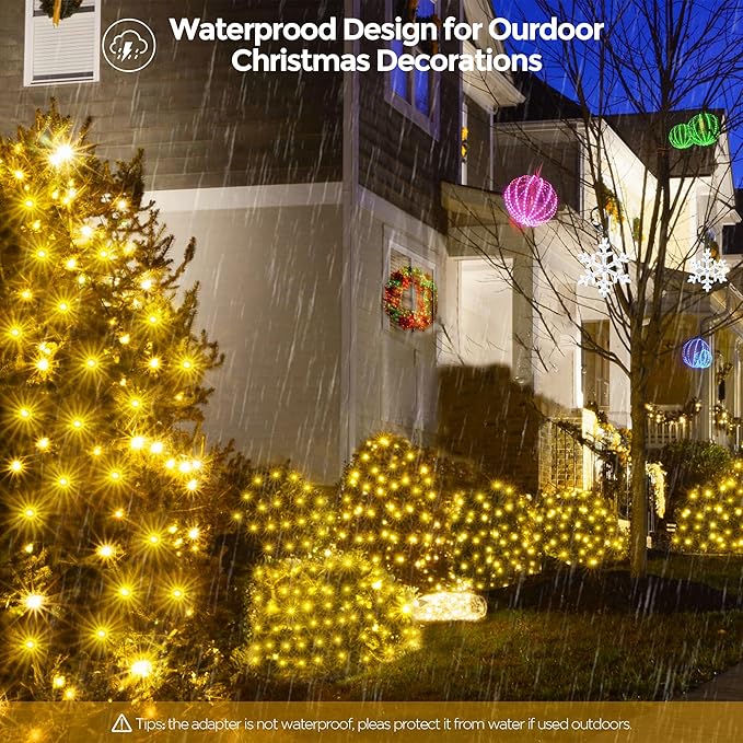 WBao Christmas Lights Outdoor, 200LED 8.4ft x 5.2ft Christmas Net Lights with 8 Modes, Timer, End to End Connectable, Waterproof LED Net Lights for Lawn, Bushes, Trees Xmas Decorations, Warm White