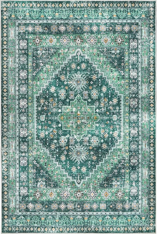 zesthome 8x10 Area Rugs for Living Room,Non-Slip Backing Washable Rugs,Vintage Large Area Rug,Stain Resistant Home Decor Rug(Green/Teal,8'x10')